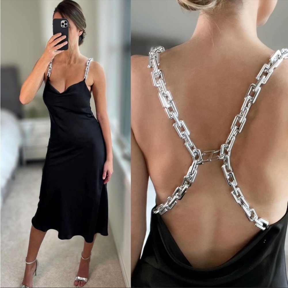 ZARA CHAIN STRAP SATIN EFFECT SLIP DRESS BLACK